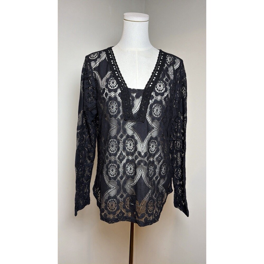 ADIVA Womens XL Black Floral Lace Tunic Top Boho Gothic Sheer V Neck NWT